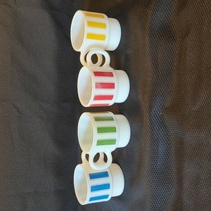 1960's Mugs White Milk Glass w/Blue, Green, Red , Yellow Stripes set of 4